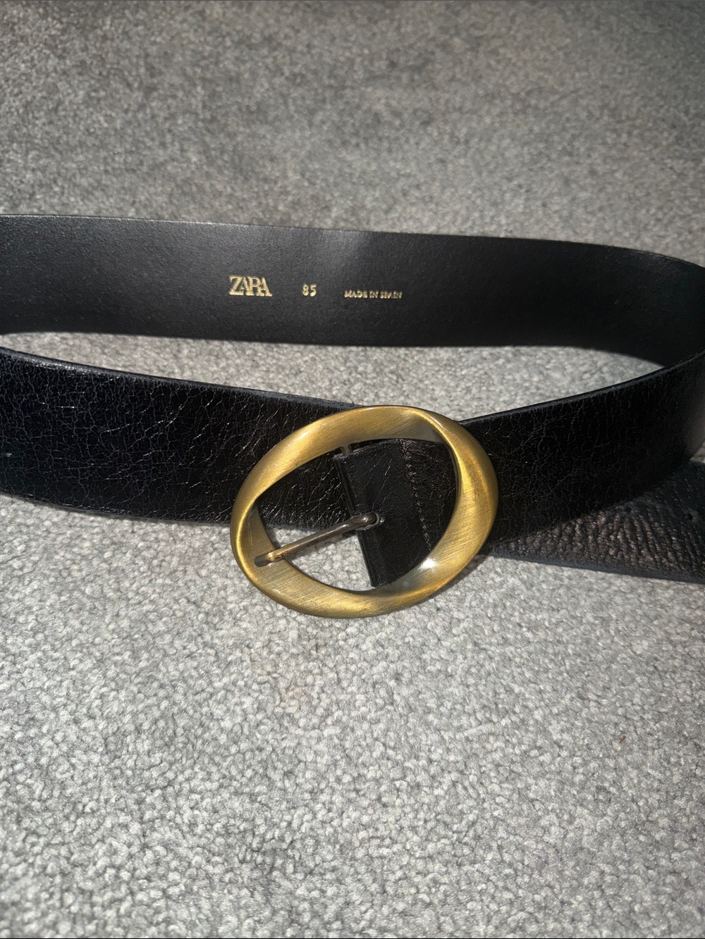 Zara Black Leather Belt with Brushed Gold Oval Buckle